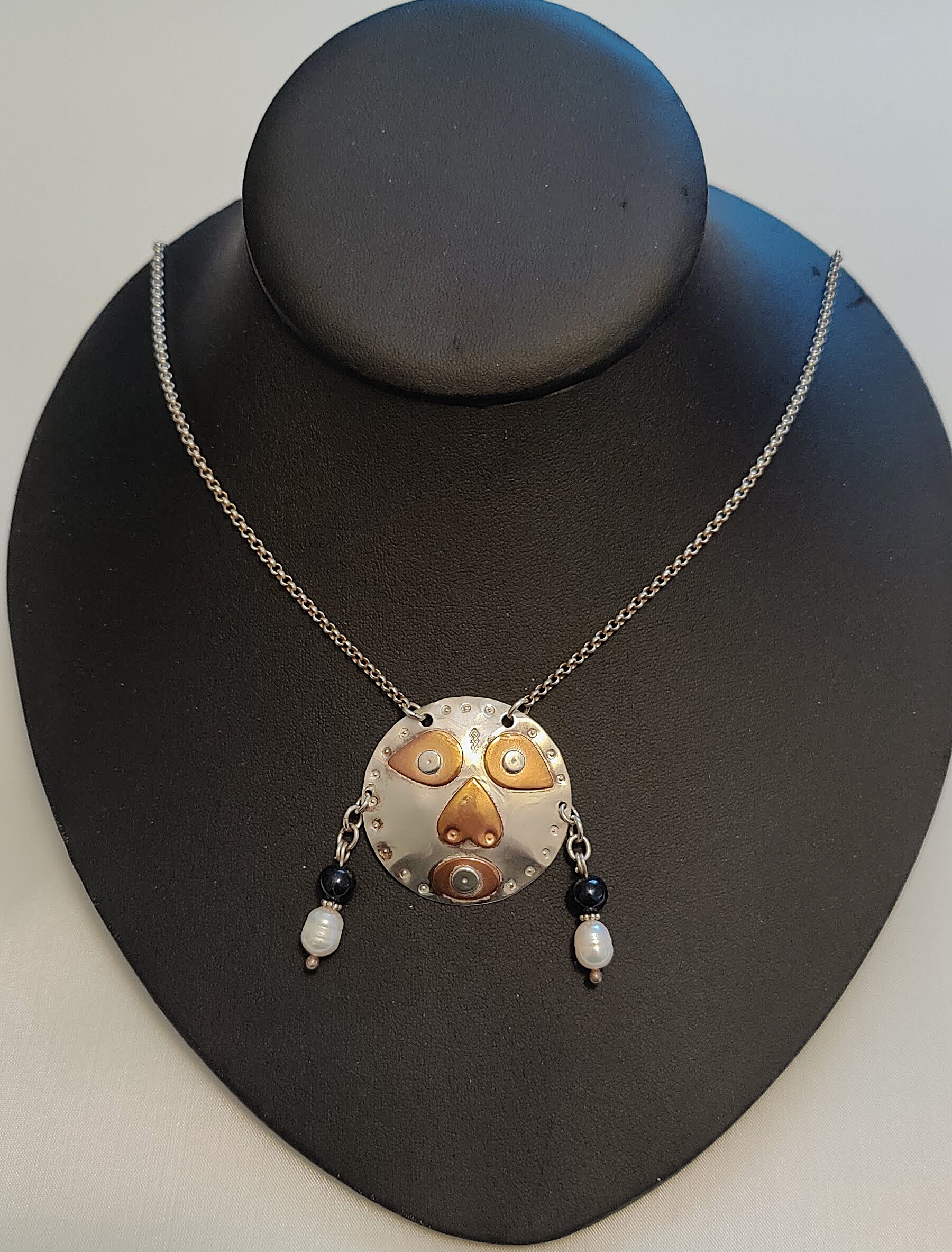 Handcrafted Sterling Silver and Copper Mask Cultured Pearl & Jade Pendant