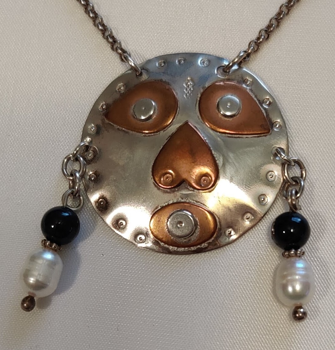 Handcrafted Sterling Silver and Copper Mask Cultured Pearl & Jade Pendant