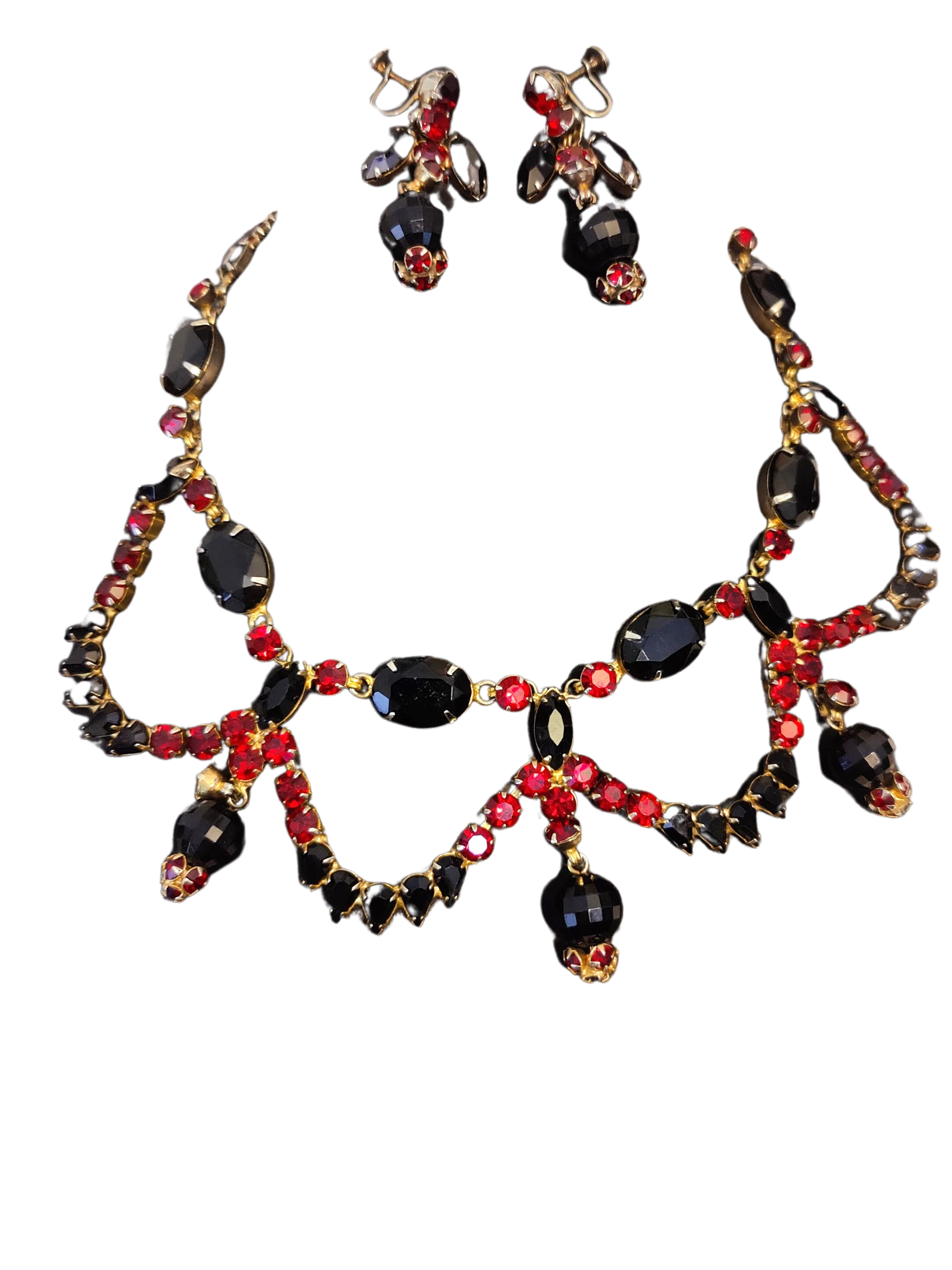 Vintage Blood Red Prong-Set Faceted Glass Stones Necklace and Earrings Set