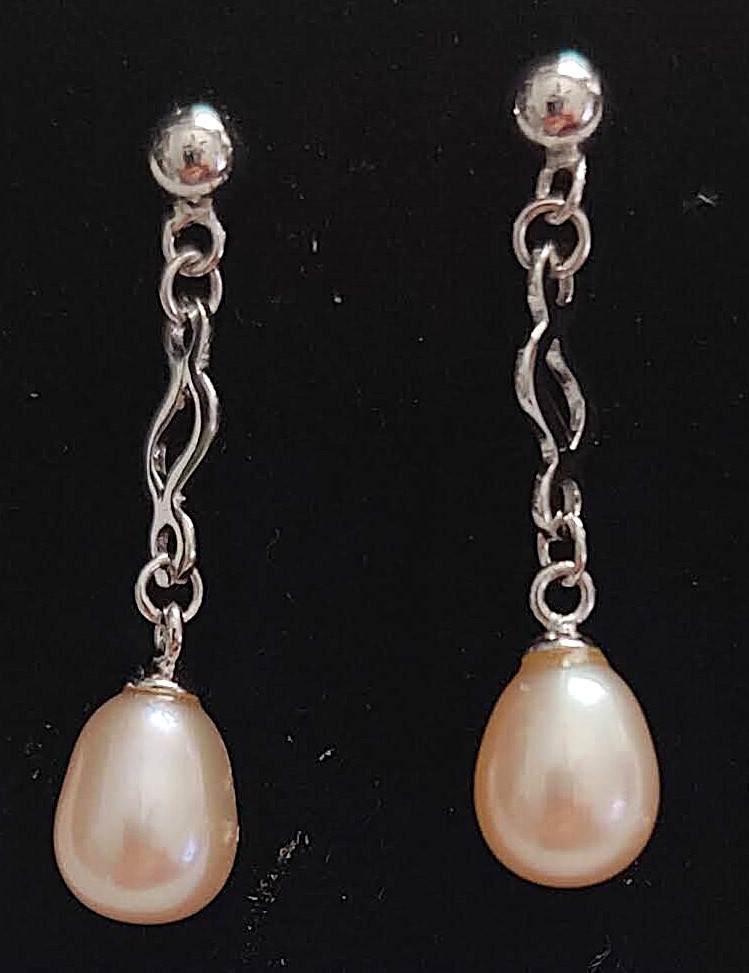 Cultured 7mm-8mm Pink Teardrop Pearl Sterling Silver Post  Earrings