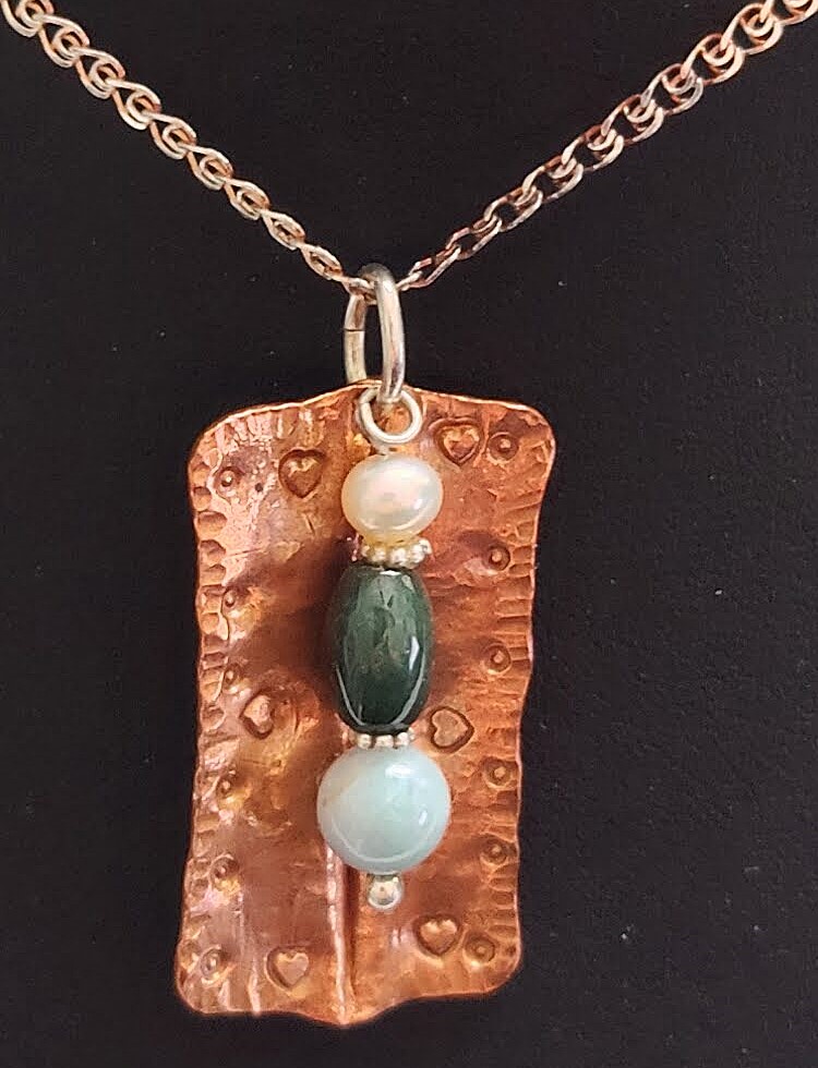 Copper & Sterling Pendant w/Cultured Pearl and 2 Jade Beads & Sterling Chain
