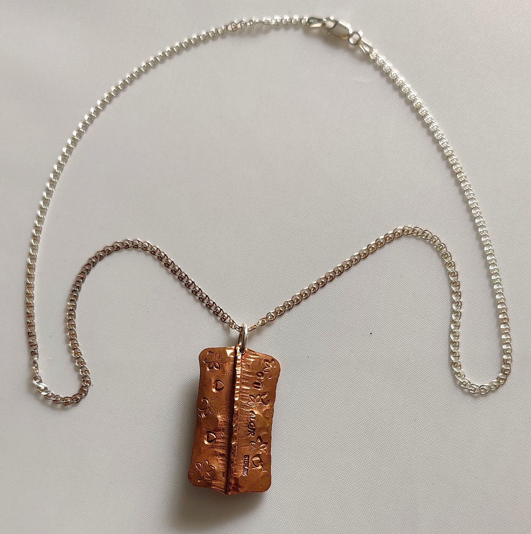 Copper & Sterling Pendant w/Cultured Pearl and 2 Jade Beads & Sterling Chain
