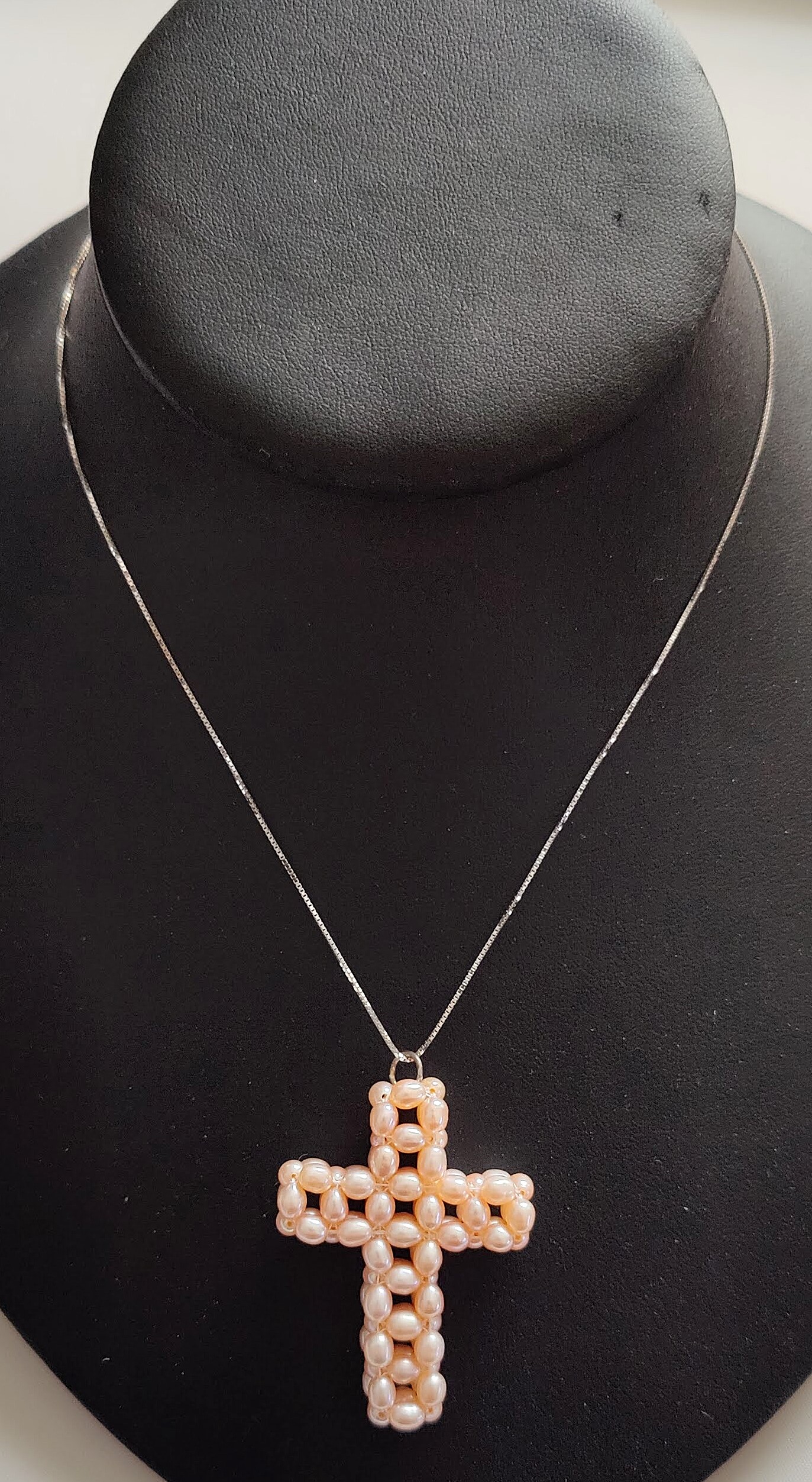 Rice Cultured Pearl Pink Cross Pendant w/Sterling Silver Chain