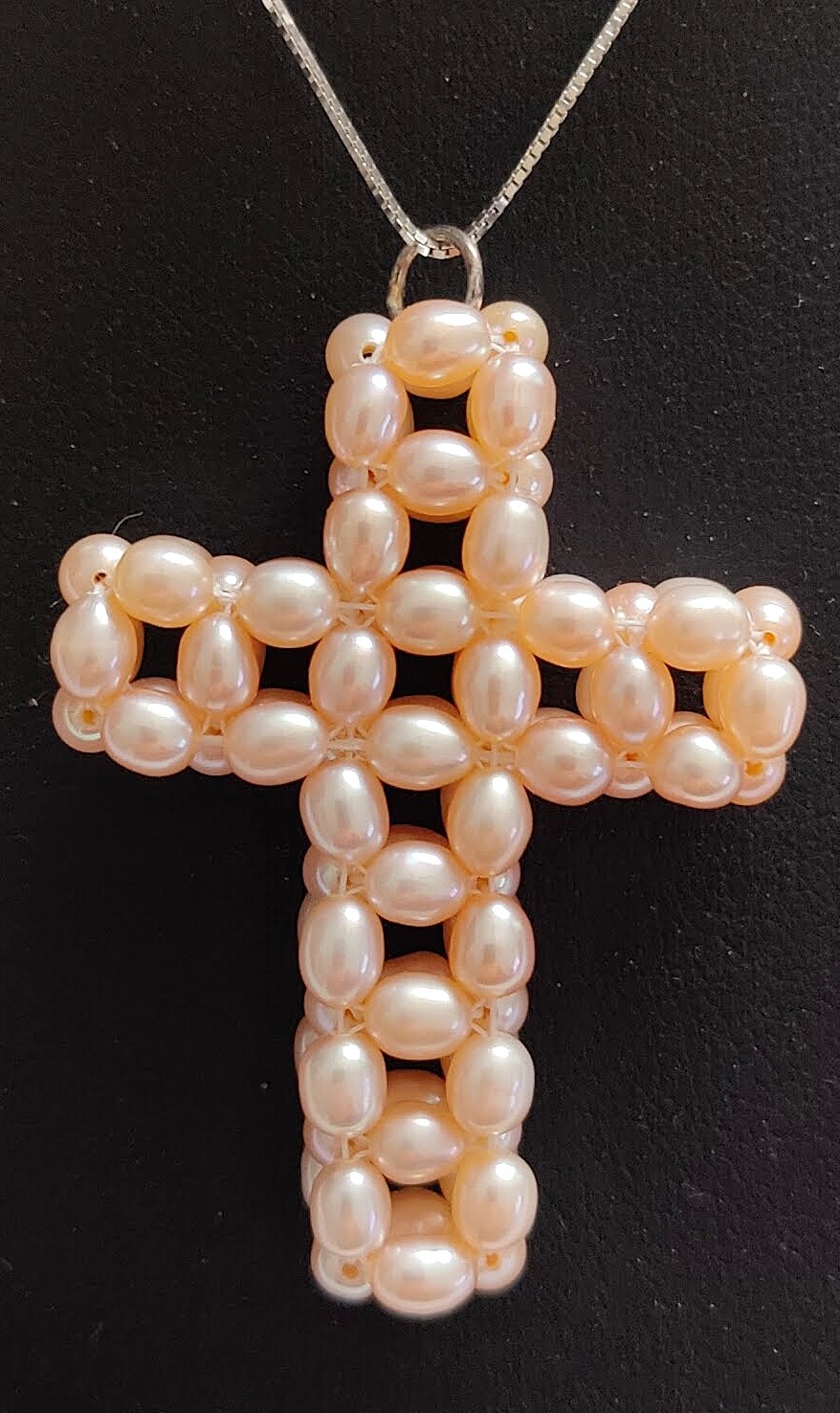 Rice Cultured Pearl Pink Cross Pendant w/Sterling Silver Chain