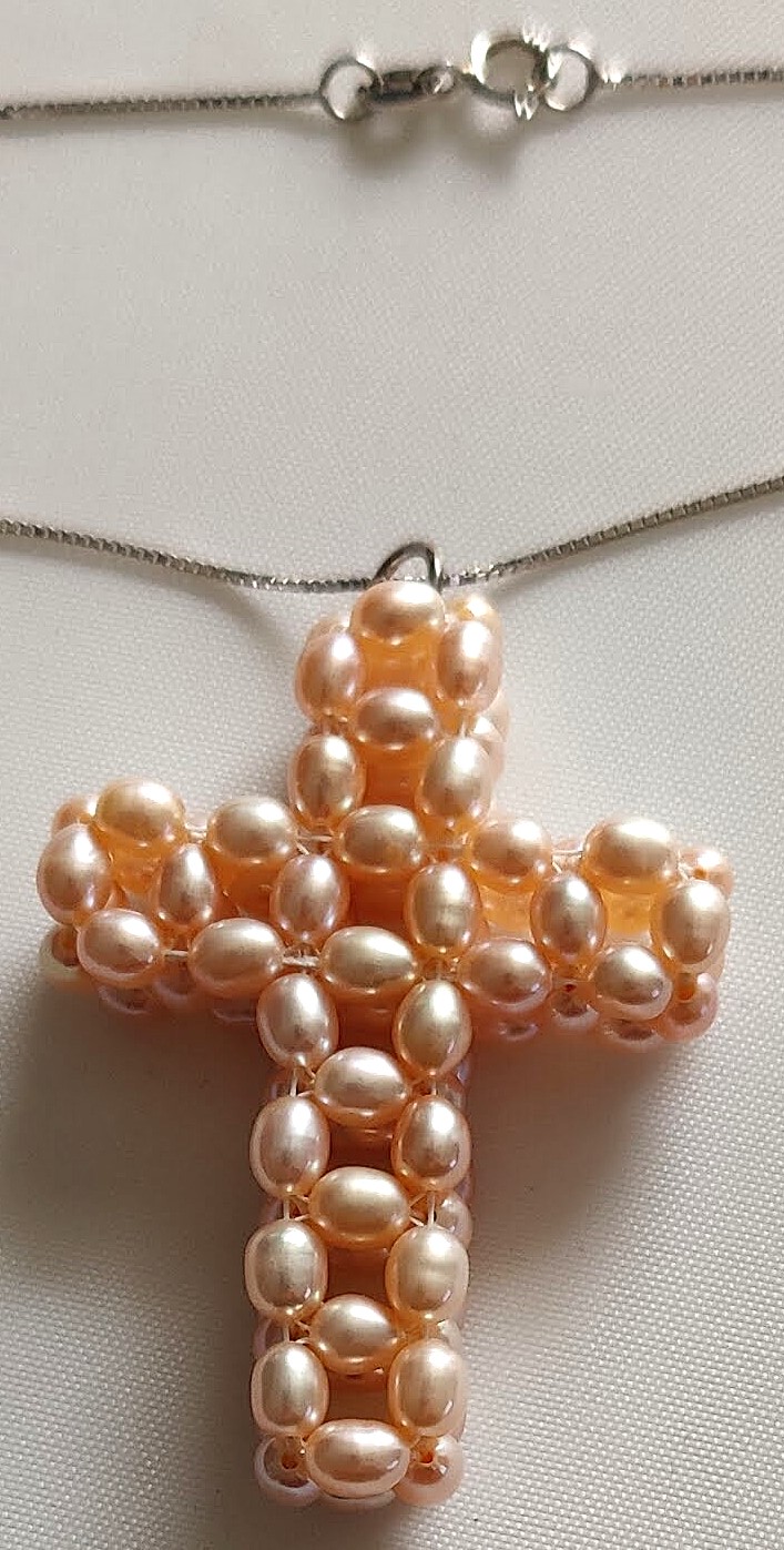 Rice Cultured Pearl Pink Cross Pendant w/Sterling Silver Chain