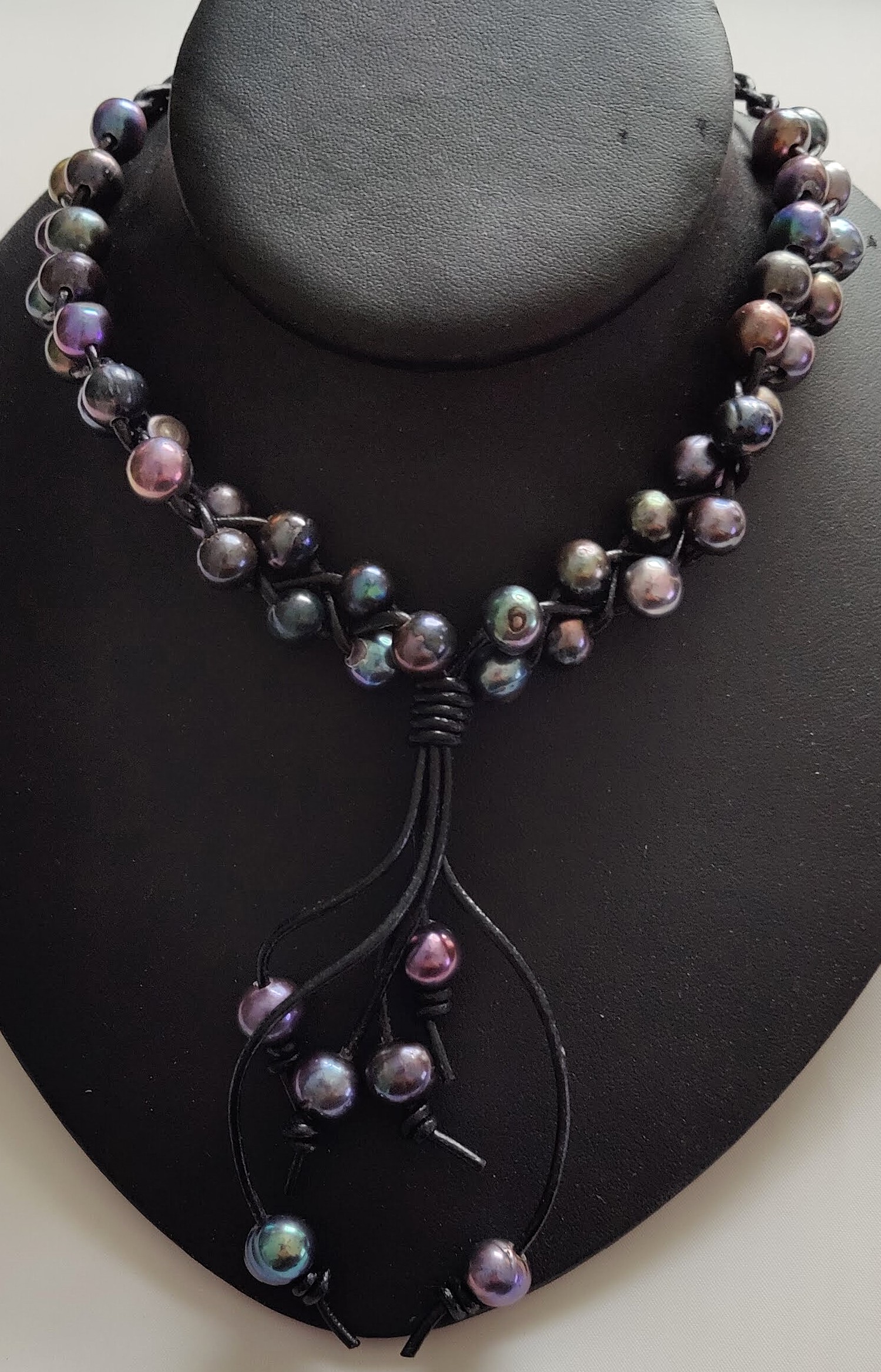 Deep Blue Potato Cultured Pearl w/Black 18" Leather Necklace
