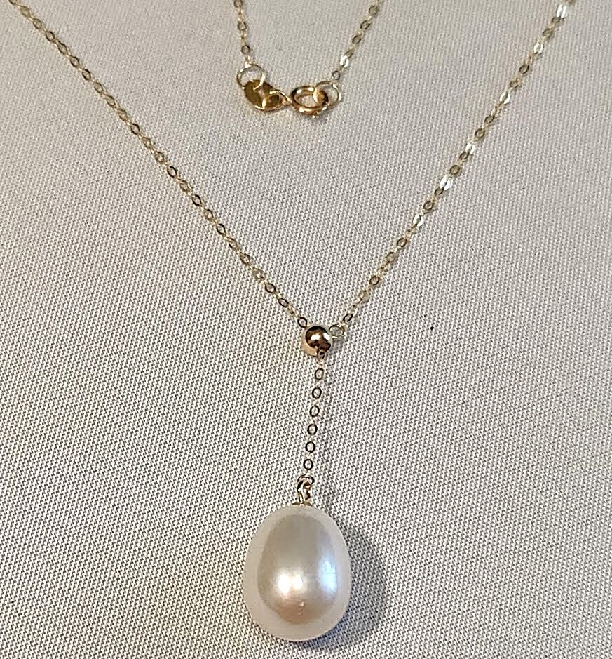18k Solid Gold Adjustable Bolo Cable Chain w/9-10.5mm Drop Pearl