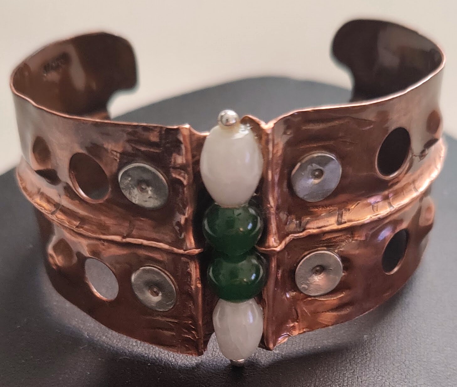 Handcrafted Copper and Sterling Silver Bracelet with Jade Gemstones
