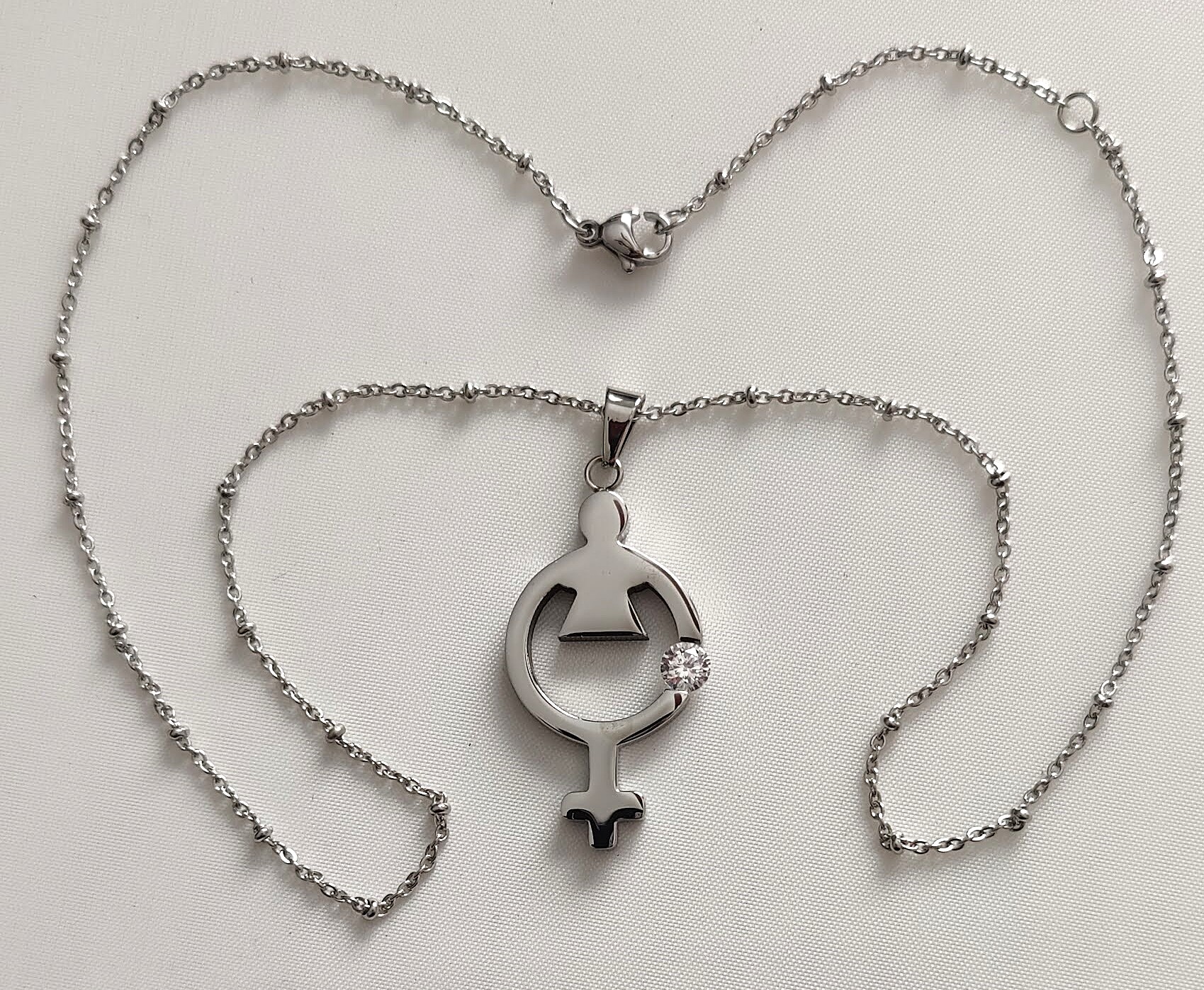 Female Symbol Stainless Steel Pendant and Chain with Cubic Zirconia Crystal