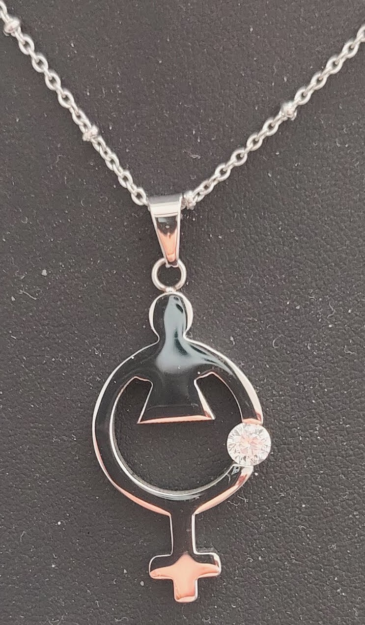 Female Symbol Stainless Steel Pendant and Chain with Cubic Zirconia Crystal