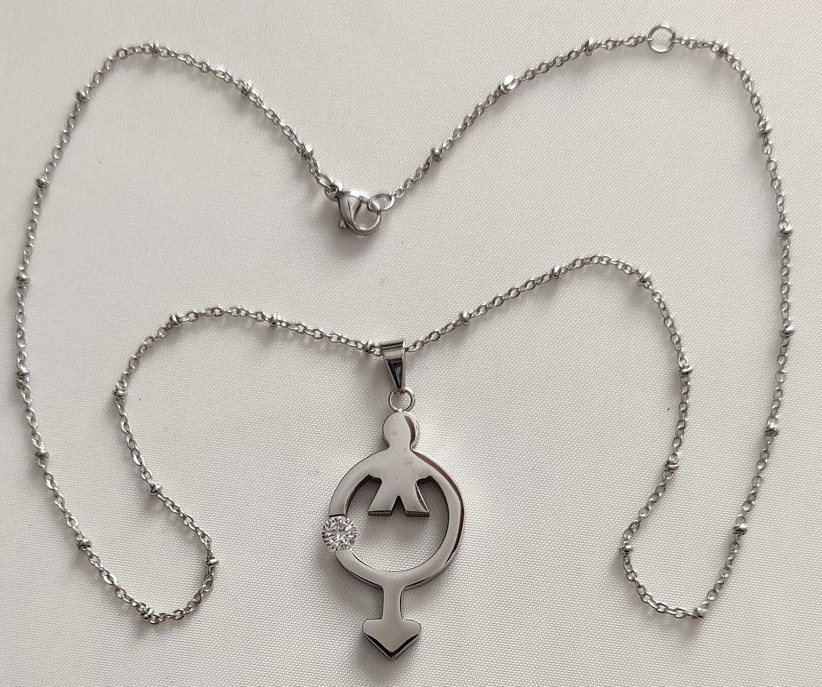 Male Symbol Stainless Steel Pendant and Chain with Cubic Zirconia Crystal