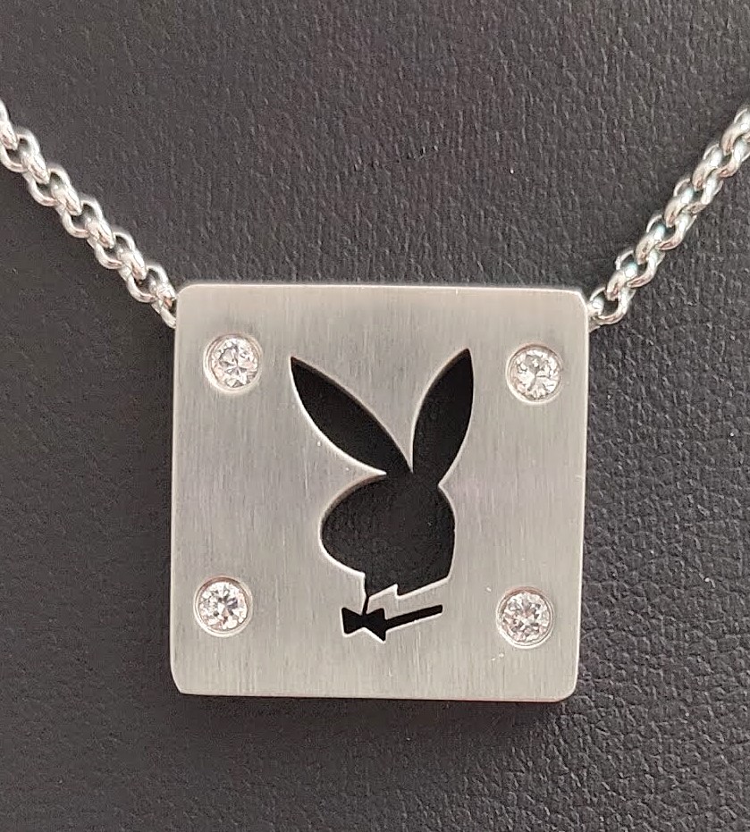 Stainless Steel Bunny with Tie Cutout Design Pendant Necklace with 4 Cubic Zirconia Stones