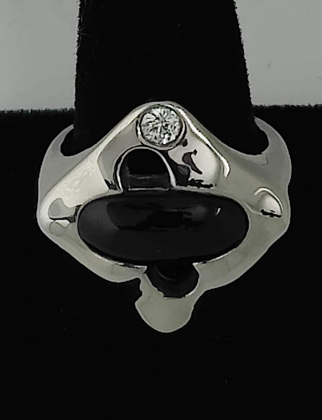 Elegant Stainless Steel Ring with Black Gem and Zirconia Crystal