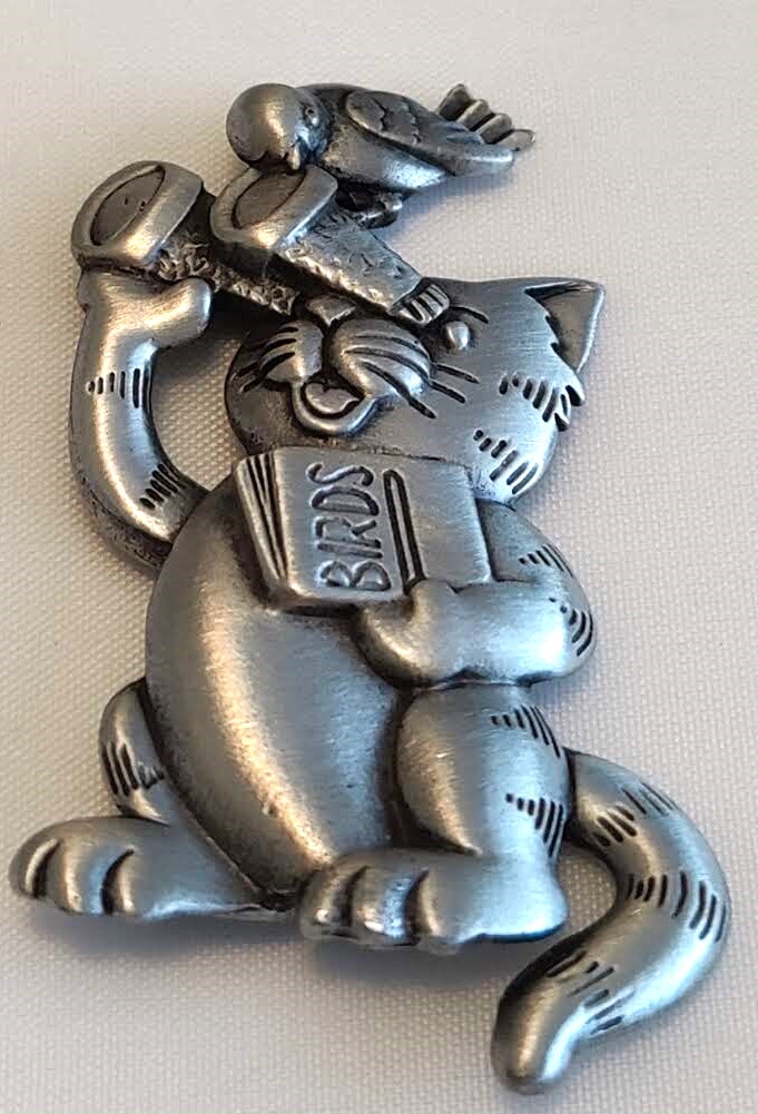 Vintage Signed Jonette Jewelry (JJ) Silver Cat and Bird Pin