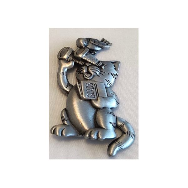 Vintage Signed Jonette Jewelry (JJ) Silver Cat and Bird Pin
