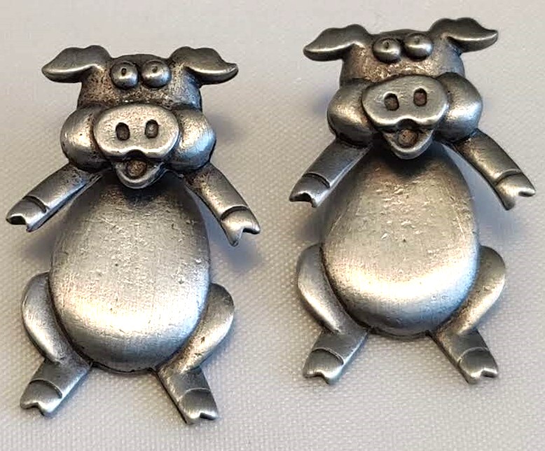 Vintage Signed Jonette Jewelry (JJ) Pig-Shaped Pewter Pierced Earrings