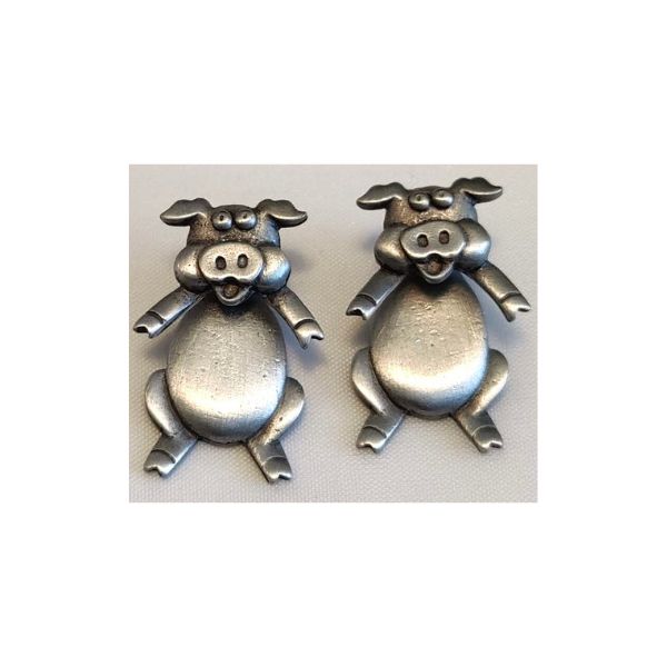Vintage Signed Jonette Jewelry (JJ) Pig-Shaped Pewter Pierced Earrings