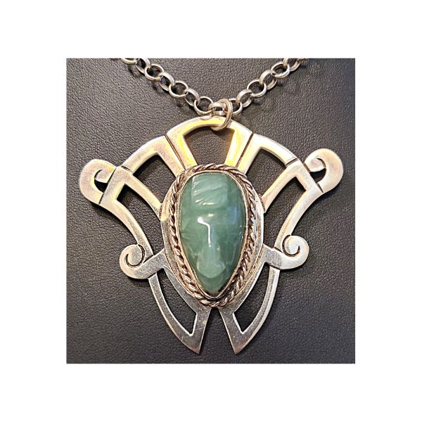 Sterling Brooch with Aztec Jade Face Carving. Signed 925 BVA TV-75