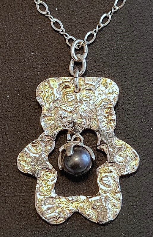 Intricate Bear with Black Cultured Pearl Pendant Necklace