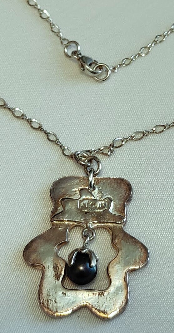 Intricate Bear with Black Cultured Pearl Pendant Necklace