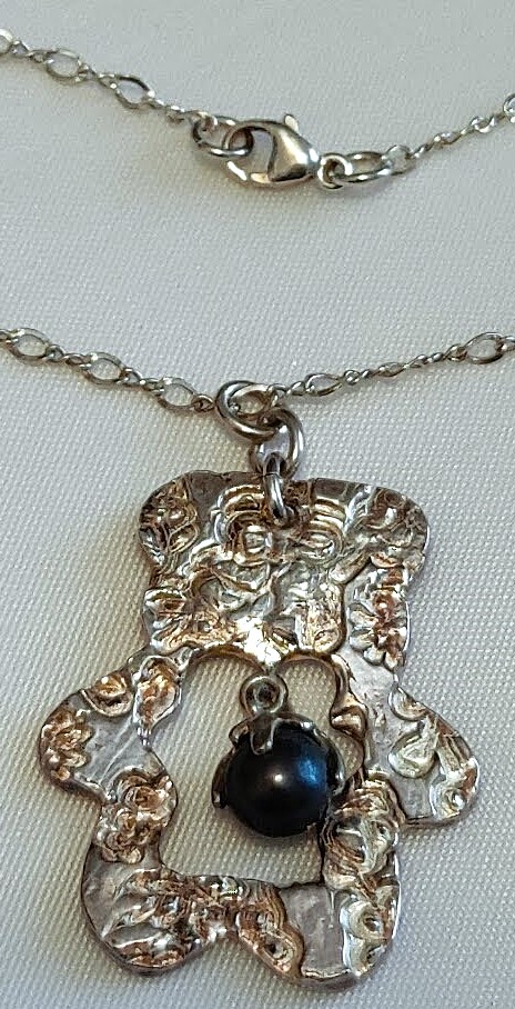 Intricate Bear with Black Cultured Pearl Pendant Necklace