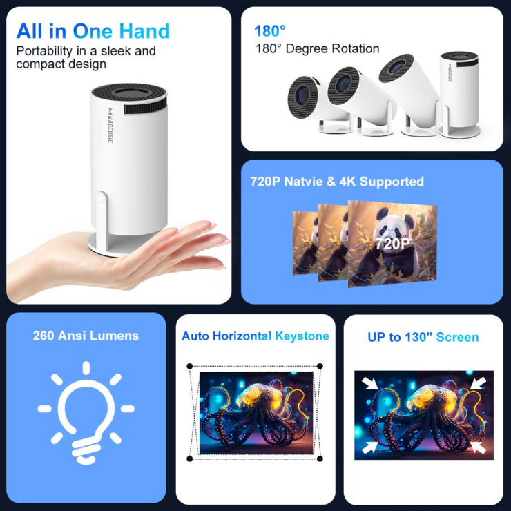 	Magcubic Mini Portable Projector, 4K/260 ANSI Smart Projector with WiFi 6 BT 5.0, Screen Adjustment, 180 Degree Rotation