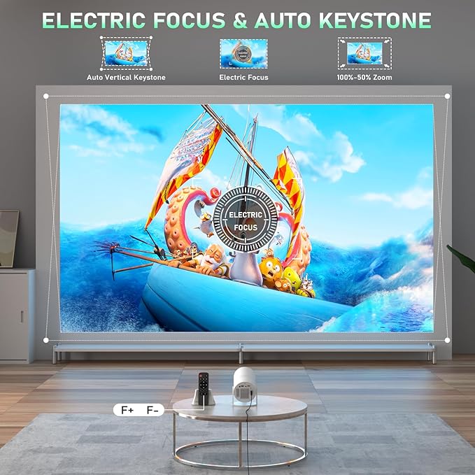 Mini Projector with Android System, Portable Projector with WiFi 6 and Bluetooth, Auto Vertical Correction, FULL HD 1080P, 180°Rotatable Outdoor Movie Projector for Phone
