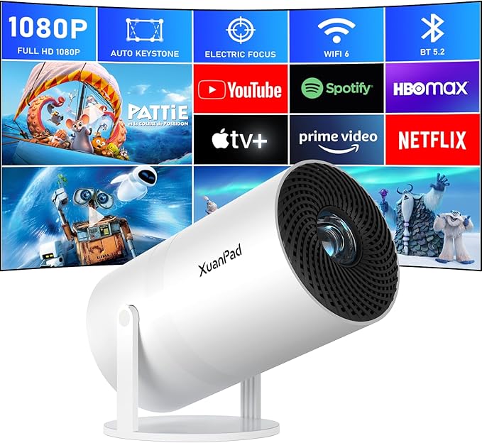 Mini Projector with Android System, Portable Projector with WiFi 6 and Bluetooth, Auto Vertical Correction, FULL HD 1080P, 180°Rotatable Outdoor Movie Projector for Phone
