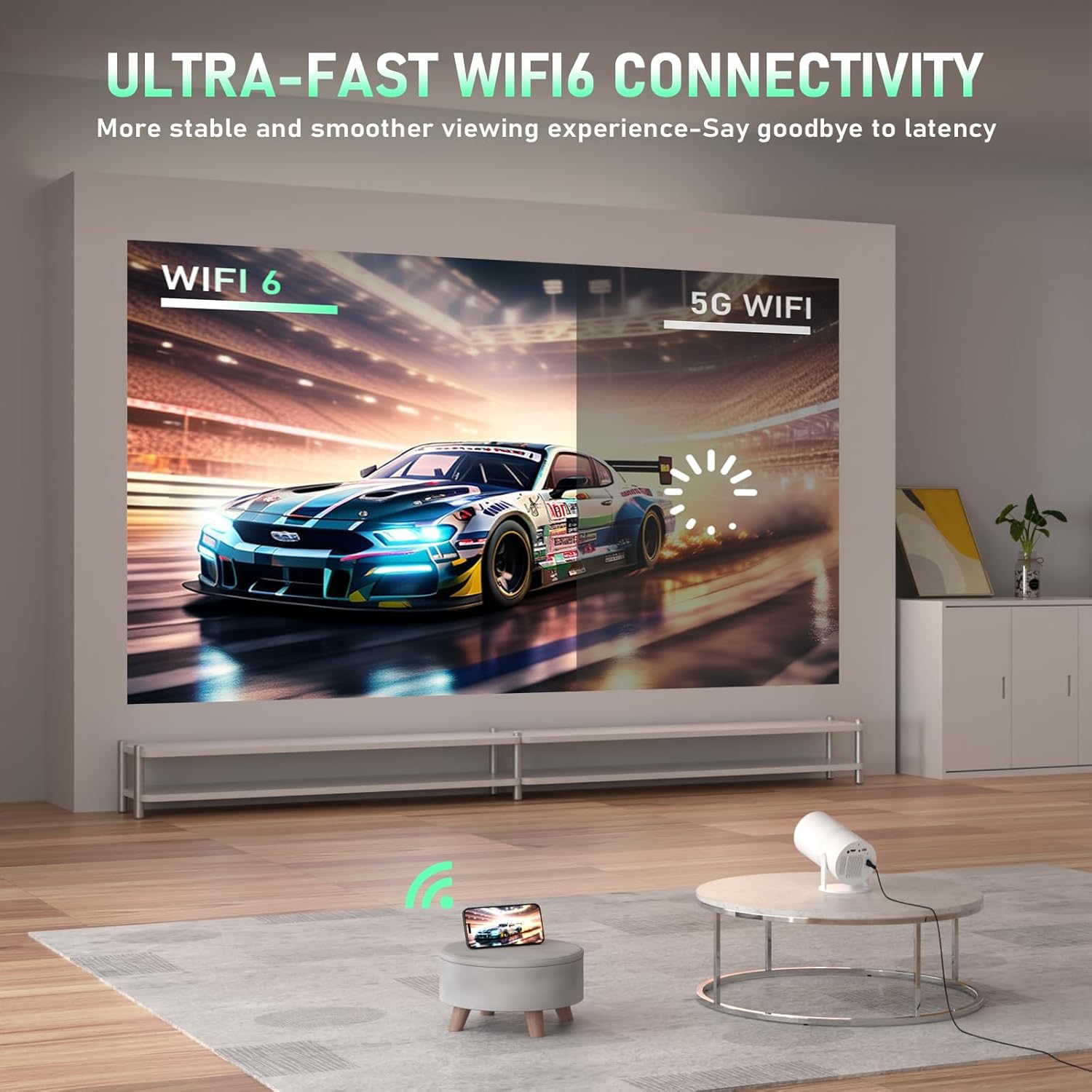 Mini Projector with Android System, Portable Projector with WiFi 6 and Bluetooth, Auto Vertical Correction, FULL HD 1080P, 180°Rotatable Outdoor Movie Projector for Phone