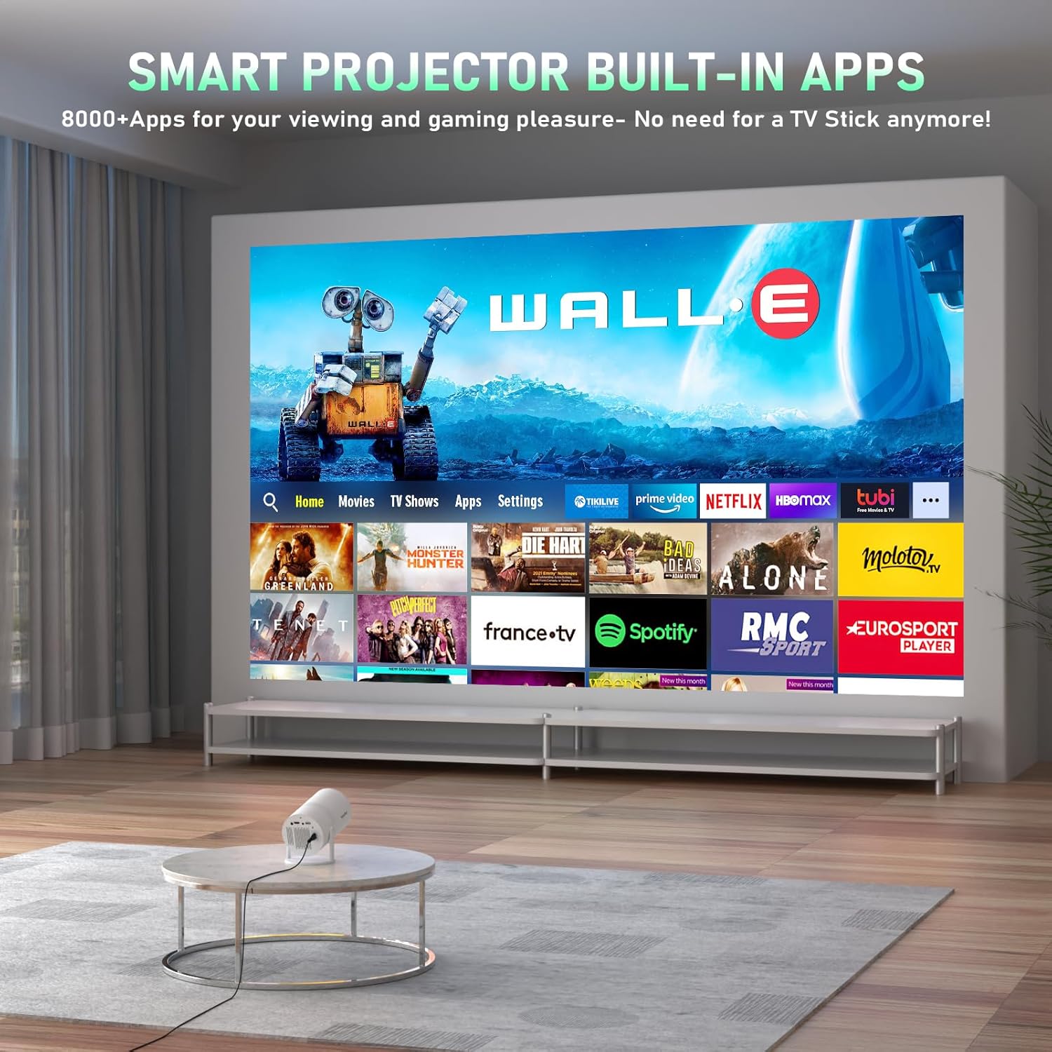 Mini Projector with Android System, Portable Projector with WiFi 6 and Bluetooth, Auto Vertical Correction, FULL HD 1080P, 180°Rotatable Outdoor Movie Projector for Phone