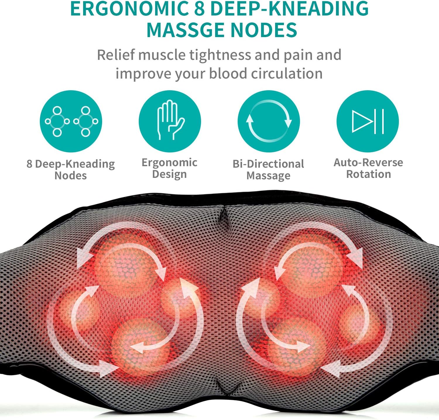 Shiatsu Neck and Back Massager with Soothing Heat, Nekteck Electric Deep Tissue 3D Kneading Massage Pillow for Shoulder, Leg, Body Muscle Pain Relief