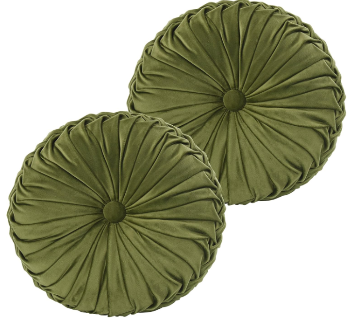 Set of 2 Decorative Round Pleated Throw Pillows, Classy Accent Pumpkin Throw Pillows with Center Button, Vintage Velvet Floor Pillows for Sofa Couch Vanity Chair Bed, Olive, 14.5" Diameter(Ripple)