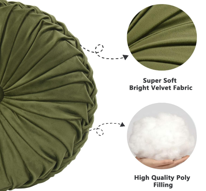 Set of 2 Decorative Round Pleated Throw Pillows, Classy Accent Pumpkin Throw Pillows with Center Button, Vintage Velvet Floor Pillows for Sofa Couch Vanity Chair Bed, Olive, 14.5" Diameter(Ripple)