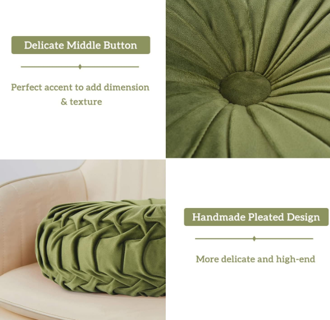 Set of 2 Decorative Round Pleated Throw Pillows, Classy Accent Pumpkin Throw Pillows with Center Button, Vintage Velvet Floor Pillows for Sofa Couch Vanity Chair Bed, Olive, 14.5" Diameter(Ripple)