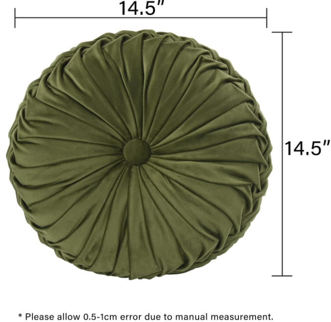 Set of 2 Decorative Round Pleated Throw Pillows, Classy Accent Pumpkin Throw Pillows with Center Button, Vintage Velvet Floor Pillows for Sofa Couch Vanity Chair Bed, Olive, 14.5" Diameter(Ripple)