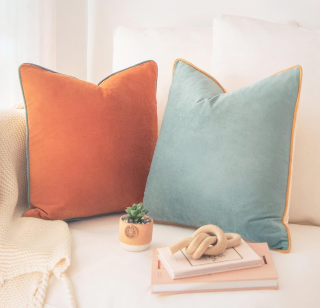 Throw Pillow Covers Cushion Cases, Set of 2 Soft Velvet Modern Double-Sided Designs, Mix and Match for Home Decor, Pillow Inserts Not Included (18x18 inch, Orange/Teal)
