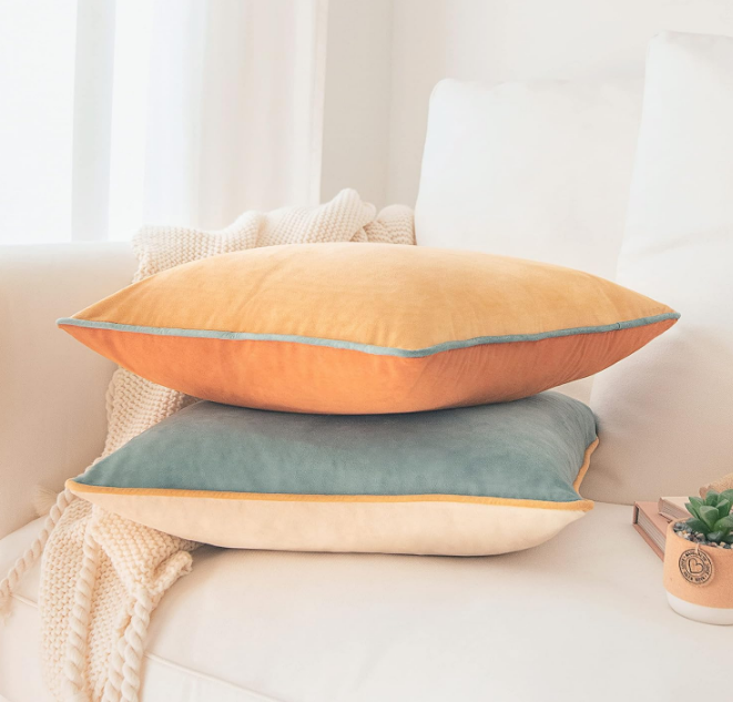 Throw Pillow Covers Cushion Cases, Set of 2 Soft Velvet Modern Double-Sided Designs, Mix and Match for Home Decor, Pillow Inserts Not Included (18x18 inch, Orange/Teal)