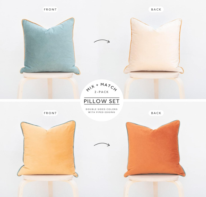 Throw Pillow Covers Cushion Cases, Set of 2 Soft Velvet Modern Double-Sided Designs, Mix and Match for Home Decor, Pillow Inserts Not Included (18x18 inch, Orange/Teal)