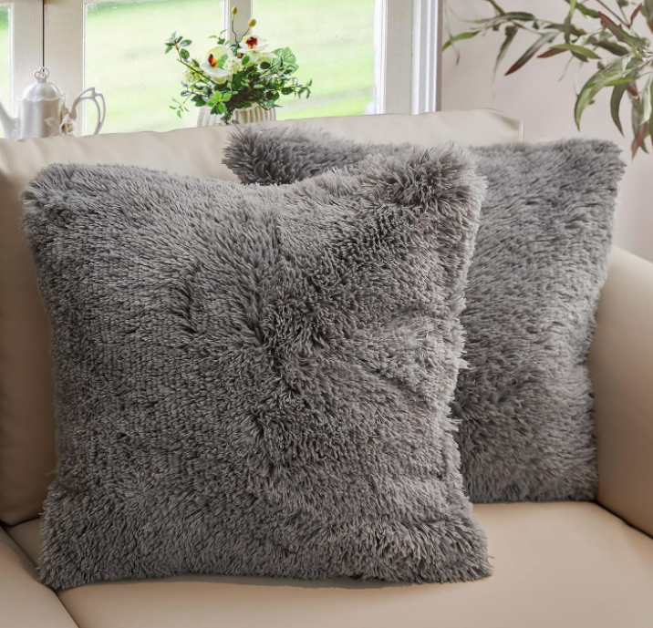 Throw Pillows for Couch and Bed, Soft Shaggy Throw Pillows with Inserts Included, Cozy Long Hair Faux Fur Pillows - Set of 2-18" x 18" - Silver Gray