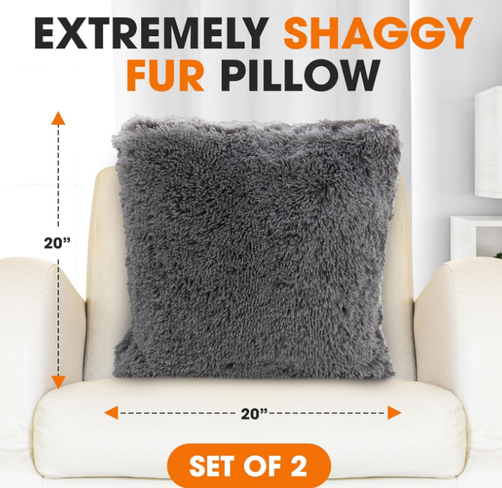 Throw Pillows for Couch and Bed, Soft Shaggy Throw Pillows with Inserts Included, Cozy Long Hair Faux Fur Pillows - Set of 2-18" x 18" - Silver Gray
