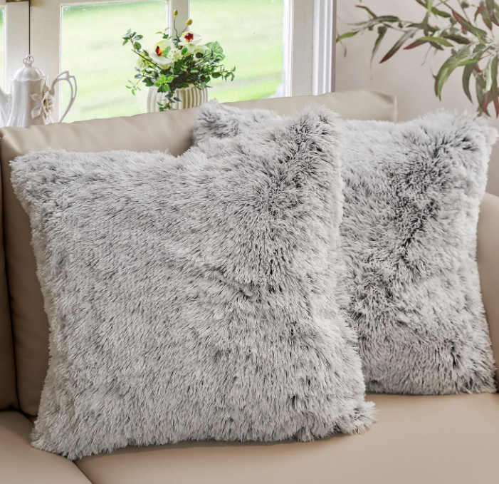 Throw Pillows for Couch and Bed, Soft Shaggy Throw Pillows with Inserts Included, Cozy Long Hair Faux Fur Pillows - Set of 2-18" x 18" - Gray