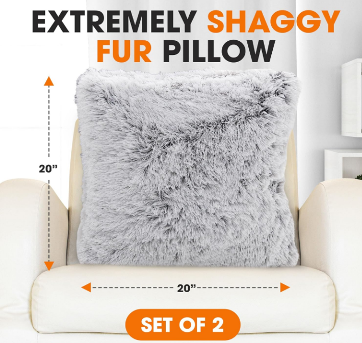 Throw Pillows for Couch and Bed, Soft Shaggy Throw Pillows with Inserts Included, Cozy Long Hair Faux Fur Pillows - Set of 2-18" x 18" - Gray
