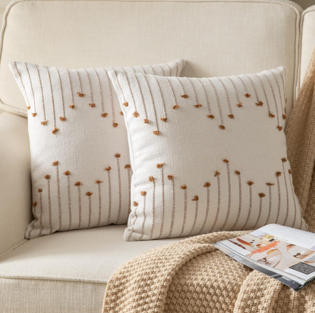 Boho Throw Pillow Covers 18x18 Set of 2 Decorative Pillows for Bed, Neutral Pillow Covers Beige with Brown Line Throw Pillows for Modern Farmhouse Couch Sofa Living Room Outdoor