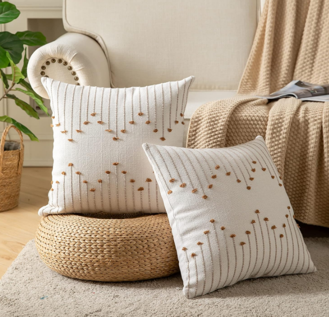 Boho Throw Pillow Covers 18x18 Set of 2 Decorative Pillows for Bed, Neutral Pillow Covers Beige with Brown Line Throw Pillows for Modern Farmhouse Couch Sofa Living Room Outdoor