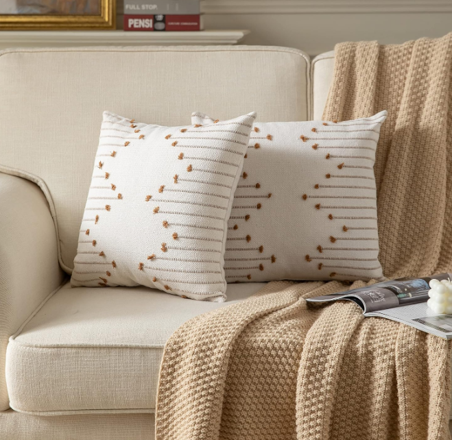 Boho Throw Pillow Covers 18x18 Set of 2 Decorative Pillows for Bed, Neutral Pillow Covers Beige with Brown Line Throw Pillows for Modern Farmhouse Couch Sofa Living Room Outdoor