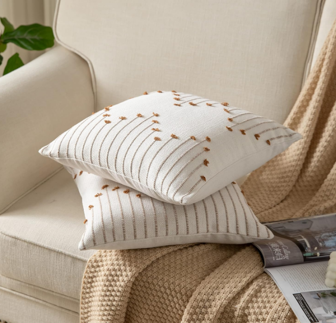Boho Throw Pillow Covers 18x18 Set of 2 Decorative Pillows for Bed, Neutral Pillow Covers Beige with Brown Line Throw Pillows for Modern Farmhouse Couch Sofa Living Room Outdoor