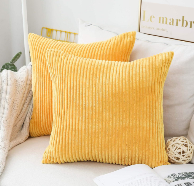 Home Brilliant Yellow Throw Pillow Covers 18x18 Set of 2 Super Soft Couch Pillow Covers Decorative Striped Corduroy Mustard Throw Pillows for Couch Bed Thanksgiving, 18 x 18 inch, Sunflower Yellow