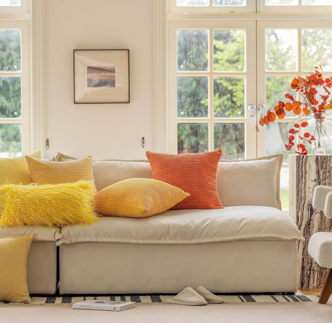 Home Brilliant Yellow Throw Pillow Covers 18x18 Set of 2 Super Soft Couch Pillow Covers Decorative Striped Corduroy Mustard Throw Pillows for Couch Bed Thanksgiving, 18 x 18 inch, Sunflower Yellow