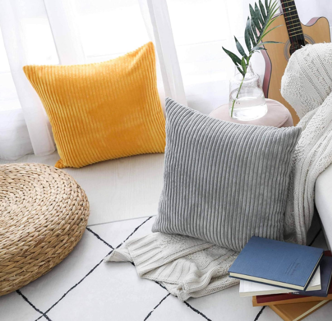 Home Brilliant Yellow Throw Pillow Covers 18x18 Set of 2 Super Soft Couch Pillow Covers Decorative Striped Corduroy Mustard Throw Pillows for Couch Bed Thanksgiving, 18 x 18 inch, Sunflower Yellow
