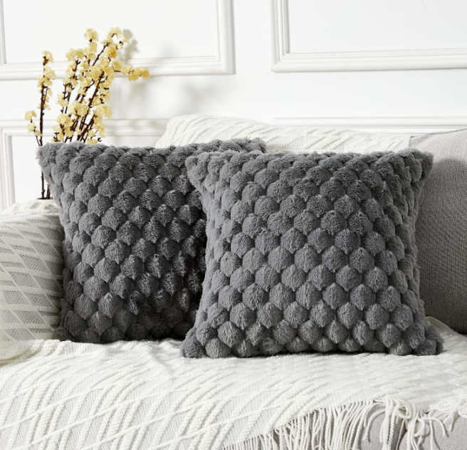 Pack of 2 Super Soft Cozy Decorative Throw Pillow Covers Fuzzy Plush Faux Fur Luxury Cushion Cover Pillowcase for Sofa Couch Bed Livingroom 16x16 Inch Grey